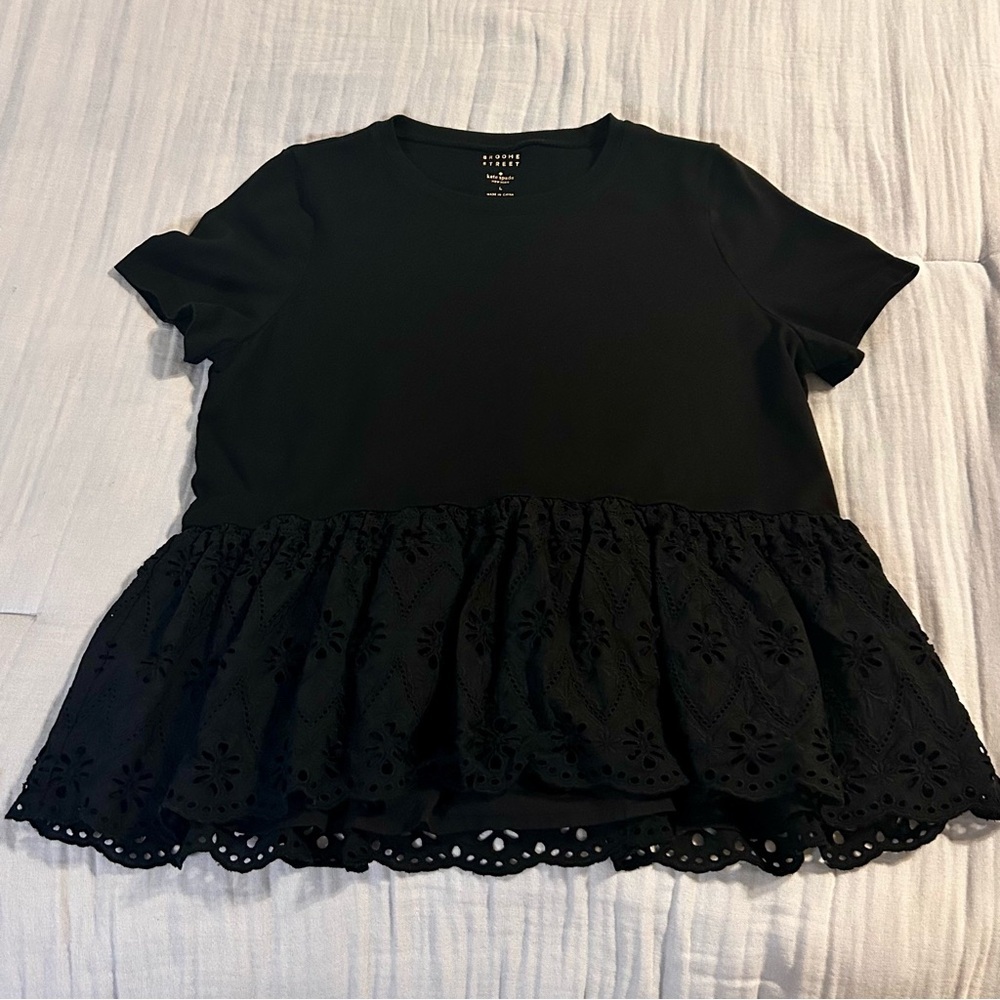 Kate Spade Women’s Boome Street Cotton Black Lace Hem Blouse Sz L LIKE NEW!